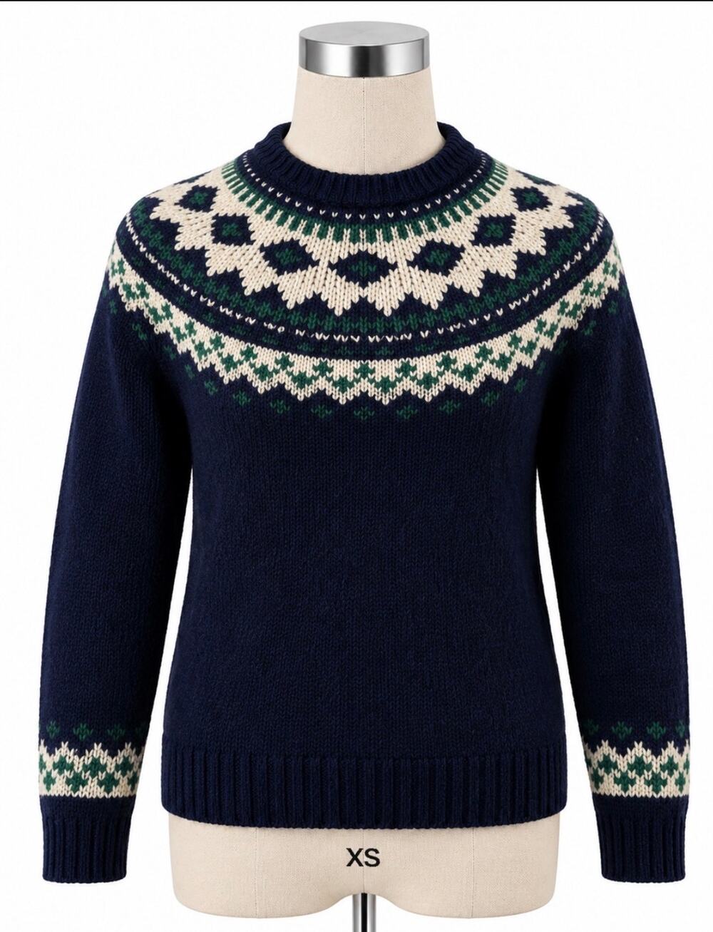 Vintage L.L. Bean Navy Blue Fair Isle Wool Sweater Women XS